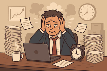 Businessman dealing with a high-stress workload. Concept of professional burnout, pressure, and anxiety. Overworked employee feeling tired and exhausted by deadlines and paperwork.
