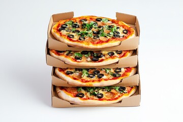 Three brown cardboard pizza boxes stacked on top of each other, on a white background