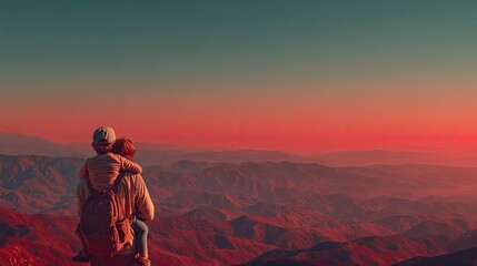 Child and Father Watching Sunset from Mountaintop
