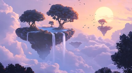 Floating Islands at Sunset: Enchanting floating islands, adorned with lush trees and cascading waterfalls, drift serenely amidst a breathtaking sunset sky, creating a surreal and magical dreamscape.