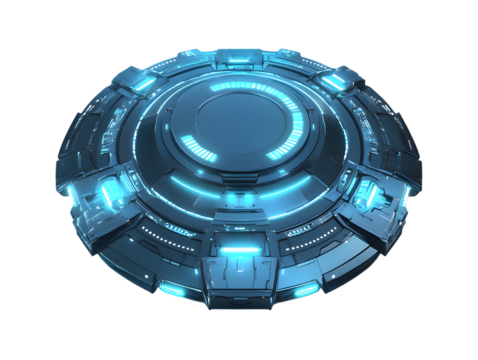 Futuristic circular metallic device with glowing blue lights on a black background isolated on transparent