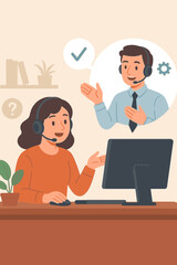 Customer support concept. Woman seeking technical assistance online. Call center operator providing help, answering client inquiries, remote service, headset communication, vector illustration