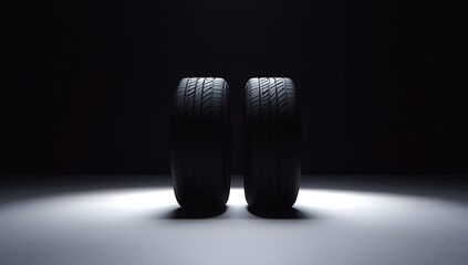 Three tires arranged in the center of the frame, illuminated by light from behind,