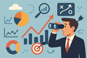 Businessman with binoculars, a business vision concept for strategic planning and future forecasting. Market research and data analysis with graphs. Company growth, success, and goals.