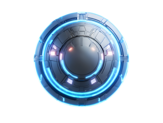 Futuristic metallic sphere with glowing blue and pink lights isolated on transparent