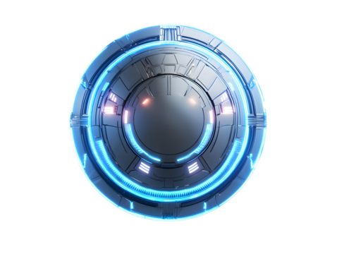 Futuristic metallic sphere with glowing blue and pink lights isolated on transparent