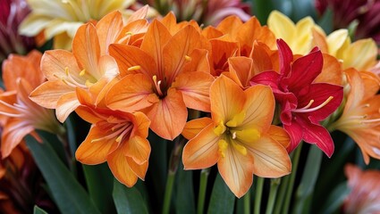 Fototapeta premium Colorful flower bunch with orange, yellow, and red hues, featuring large petals and green leaves. Bright and vibrant appearance.
