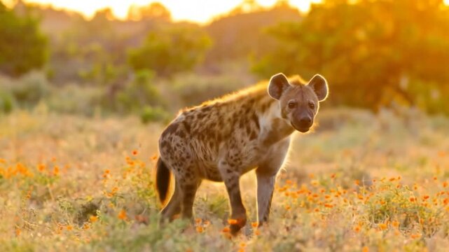 Hyena captured at sunset in a vibrant field of flowers, natural beauty