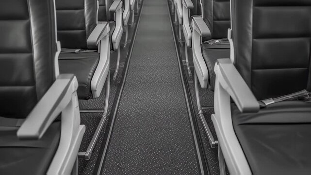 Aircraft cabin interior featuring rows of empty seats, highlighting geometric lines and symmetrical perspective of passenger seating arrangement