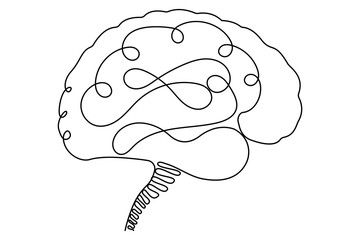 Human brain continuous one line drawing of isolated outline vector minimalist style.