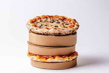 Three brown cardboard pizza boxes stacked on top of each other, on a white background,