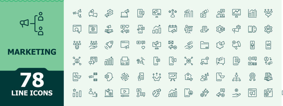 Marketing icon set. Business vector icon set. Minimalist icons pack. Includes symbols for ads, campaign, market and more. Editable vector stroke.