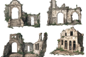 Ruined buildings showcasing weathered architecture and creeping vegetation located in an isolated area under a clear blue sky during daylight hours