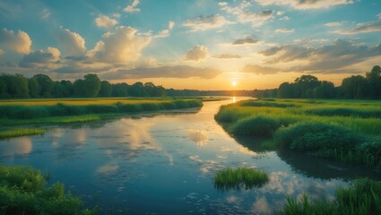 Scenic landscape of a river during sunset with lush green vegetation and partly cloudy sky. Nature and tranquility, concept. Waters and environmental beauty. The concept of natural landscapes.