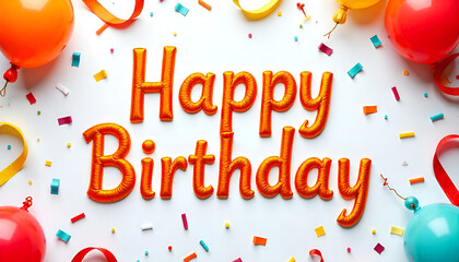 "Happy Birthday" in bold orange text on a white background, festive and simple.
