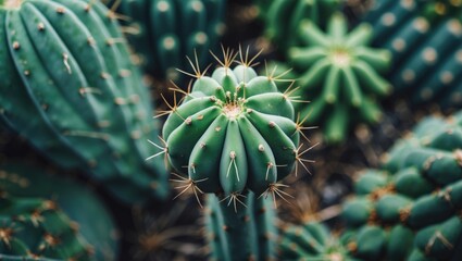 Obraz premium Close-up of a green cactus with sharp spines, surrounded by other cacti. Desert plants and succulents in natural environment. Botanical and xerophyte flora.