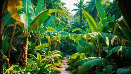 Obraz premium Dense tropical banana plantation with lush green leaves and a pathway through the foliage. Forest and agriculture, concept. Nature and farming. The concept of sustainable agriculture and environmen...