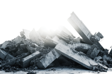 Concrete gray fragments piled high in disarray under bright daylight in an urban construction site, showcasing debris and desolation amidst ongoing development efforts