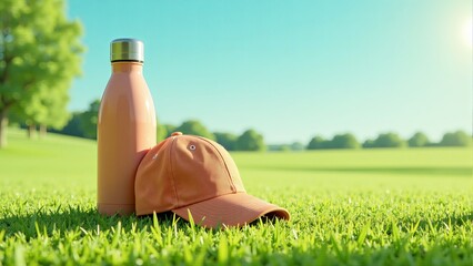 Orange Water Bottle and Cap on Green Grass