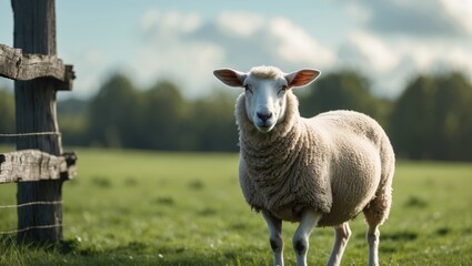 Naklejka premium A sheep standing in a grassy field near a wooden fence with a blurred background of trees and sky.