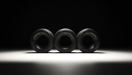 Three tires arranged in the center of the frame, illuminated by light from behind