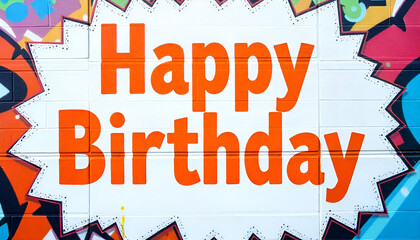 "Happy Birthday" in bold orange text on a white background, festive and simple.