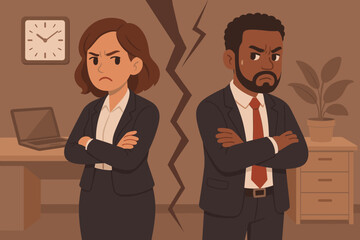 Workplace conflict and communication breakdown, business colleagues divided by misunderstanding, lack of dialogue, office dispute, professional disagreement, vector cartoon illustration