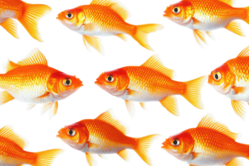 Colorful orange fish swimming against a white background in a repetitive pattern illustrating aquatic life and nature