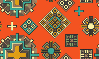 Seamless pattern with chaotically located multi-colored decorative elements on an orange background. Vector illustration