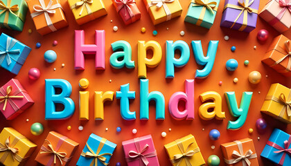 A vibrant birthday greeting on an orange background with colorful gift boxes, creating a warm, festive, and joyful celebration scene