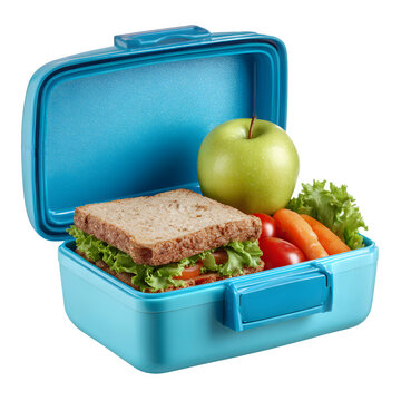 Healthy blue lunchbox filled with sandwich apple carrots and lettuce isolated on transparent background