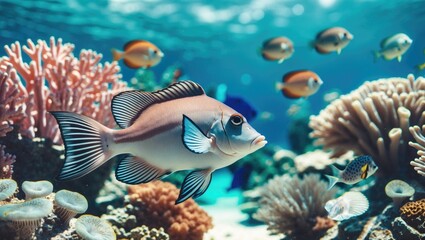 Obraz premium Colorful underwater scene with fish swimming near coral reefs. Marine life and underwater environment. Fish and coral ecosystem. The concept of oceanic biodiversity and aquatic habitats