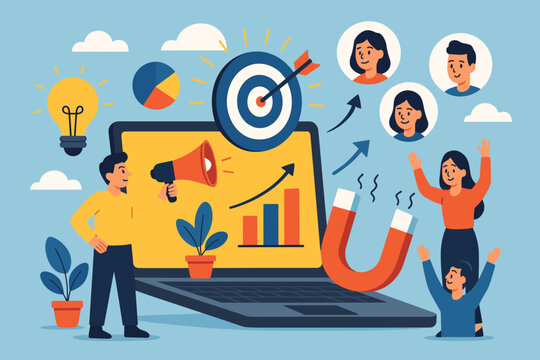 Digital marketing strategy attracting new customers expanding client base. Cartoon vector illustration with laptop, megaphone, magnet, target, analytics, audience engagement, business growth concept