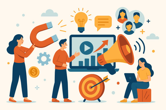 Digital marketing strategy concept vector. Attracting new customers, expanding audience, lead generation, social media engagement, content marketing, target audience, online advertising illustration