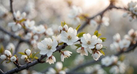 Cherry blossom flowers on a branch.