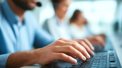 A multicultural team collaborates in a tech support office environment. - Powered by Adobe