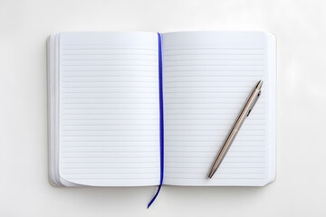 Open daily mindfulness journal with black pen on white. Minimalist open lined notebook with a black pen on clean white background. Concept of journaling, planning, or mindfulness writing.