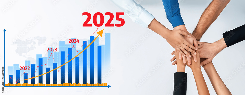 Poster A visually appealing growth chart showcasing yearly progress from 2022 to 2025, surrounded by hands united in collaboration, symbolizing teamwork and shared success in future endeavors. Amity