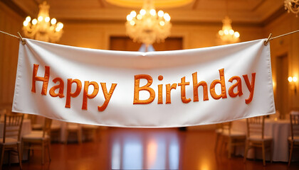 "Happy Birthday" in bold orange text on a white background, festive and simple.