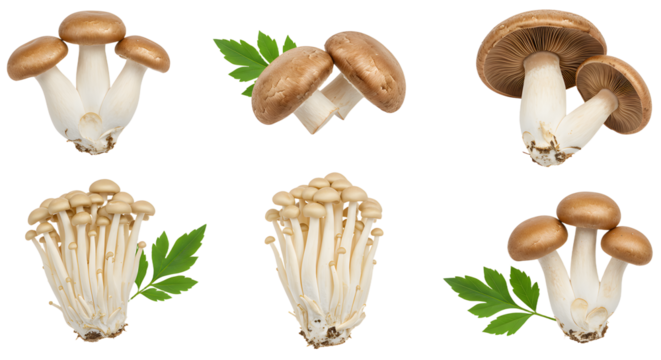A collection of various mushrooms arranged artistically, showcasing their unique shapes and textures against a clean background