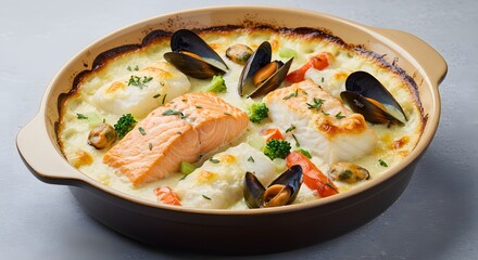 Seafood Gratin with Salmon, Cod, and Mussels