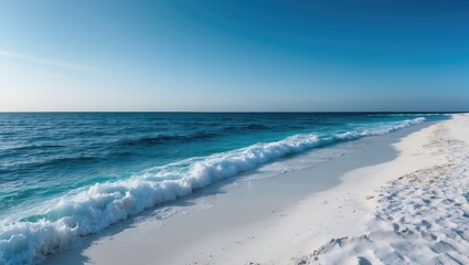 A peaceful beach scene with waves crashing onto white sandy shore and a clear blue sky overhead.
