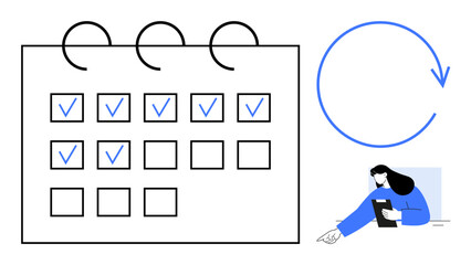 Calendar grid with checkmarks, circular loop arrow, and woman holding a tablet. Ideal for scheduling, task management, organization, workflow planning, time tracking, productivity simple landing
