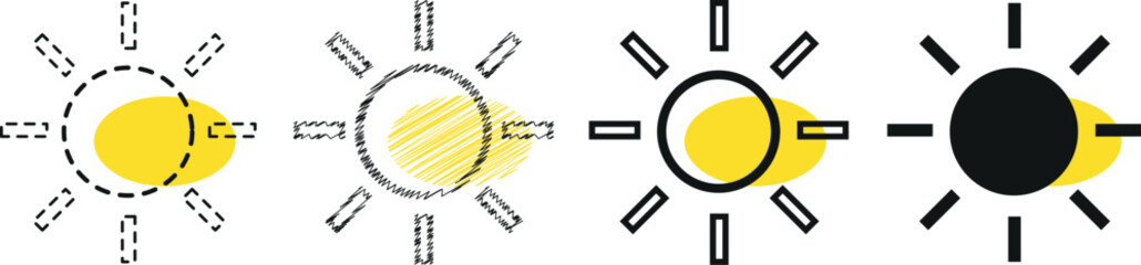 Simple Line Art Sun Icons Pack – Unique Black Outline Solar Symbols for UI, Weather Forecasts, Natural Energy Concepts, and Abstract Boho Style Designs