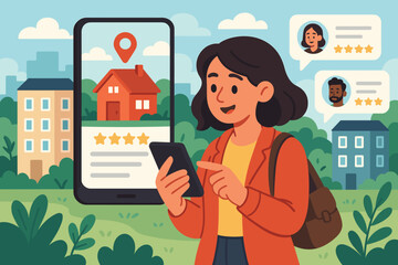 Woman searching for rental apartment using mobile app and online reviews. Real estate technology, house hunting, property selection, feedback, rating system, urban housing vector illustration