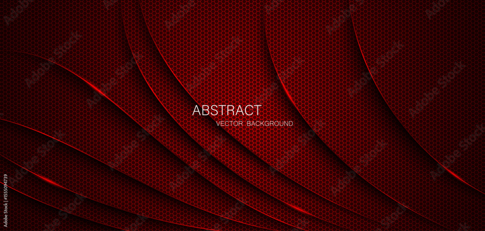 Poster Abstract red steel mesh background with red glowing lines with free space for design. Modern technology innovation concept background. Perforated dark red metal sheet for background image.	