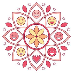 A vibrant and intricate mandala design featuring a playful arrangement of overlapping emojis creating a colorful and modern graphic element perfect for digital art and