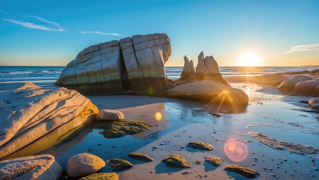 A rocky beach scene at sunset with large rock formations, water reflections, and a bright sun low on the horizon.