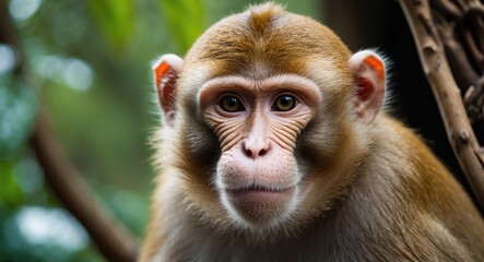 Close-up of a monkey's face in a natural environment with greenery. Wildlife and nature, animal photography, primate. Focus on facial features and expression.