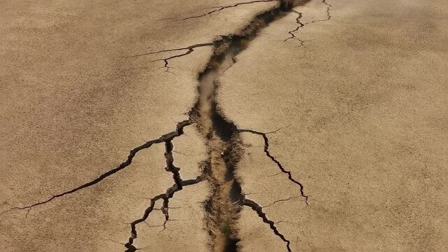 Ground fissure widening through arid desert terrain, exposing underlying geological layers creating stark landscape disruption from prolonged water scarcity